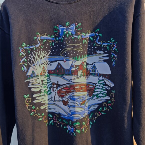 Vintage Black Snowy Holiday Cabin Sweatshirt | Hanes ComfortBlend | Size Medium - Picture 3 of 11